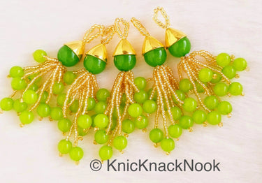 Green Beads Tassels Latkan, Indian Antique Distressed Latkans, Gold Beaded Danglers